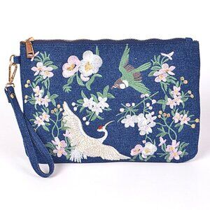 BNWT Asian Painting Inspired Crane & Bird Embroidered Denim Envelope Clutch Bag